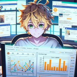 imagine in anime seraph of the end like look showing an anime boy with messy blond hair and green eyes working in social media experte uai