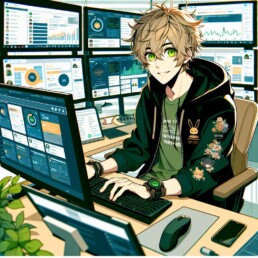imagine in anime seraph of the end like look showing an anime boy with messy blond hair and green eyes working in tiktok community management uai
