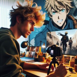 imagine in anime seraph of the end like look showing an anime boy with messy blond hair and green eyes working in tiktok filmer uai