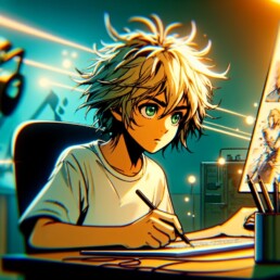 imagine in anime seraph of the end like look showing an anime boy with messy blond hair and green eyes working in tiktok ugc videos uai